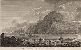 James Cook docking at Christmas Harbour in December 1776. The Kerguelen Arch is at left. (Engraving by John Webber, 1784)