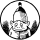 tête d'un gnome souriant, en noir et blanc