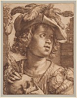 Hendrick Goltzius, Jongeling met schedel en tulp, 1614, pen en bruine inkt op papier, 46 x 35,4 cm, The Morgan Library & Museum, New York: Young Man Holding a Skull and a Tulip; zie boek Goltzius