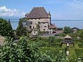 Yvoire, il Castello visto dal borgo, al primo piano il labirinto del Giardino dei Cinque Sensi