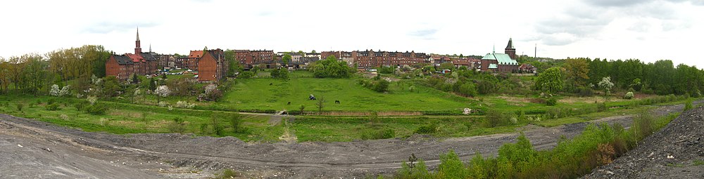 Panorama Biskupic, widok z hałdy: po lewej kościół św. Jana Chrzciciela, po prawej kościół Wniebowzięcia Najświętszej Maryi Panny (2008)