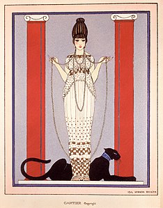 Lady with Panther by George Barbier for Louis Cartier (1914). Display card commissioned by Cartier shows a woman in a Paul Poiret gown.