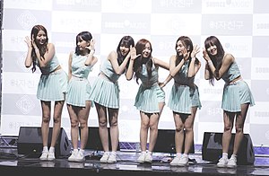 GFriend in August 2017 From left to right: Sowon, Eunha, Yerin, SinB, Umji, and Yuju