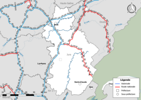 Carte du réseau routier national (autoroutes et routes nationales) dans le département du Jura