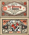 20. 1922-es kölni szükségpénz, mely a kölni karnevál két táncoló résztvevőjét ábrázolja tradicionális vörös katonai egyenruhában (javítás)/(csere)