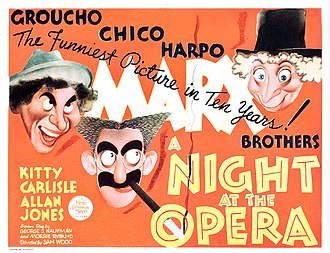 Affiche colorée avec, sur fond orangé, les visages caricaturés de Chico, Groucho et Harpo Marx