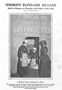 Photograph of three women in a prison uniform. A realistic picture. Suffragettes in Prison.jpg