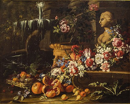 Still life with flowers, fruits and a fountain