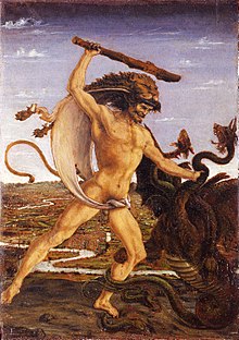 Hercules and the Hydra, Uffizi, 17 cm (6.6 in) by 12 cm (4.7 in), a reduced version of his huge painting for the Medici Palace, now lost Antonio del Pollaiolo - Ercole e l'Idra e Ercole e Anteo - Google Art Project.jpg