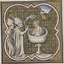 The Holy Ghost brings the Holy Ampulla for the baptism of Clovis I Bapteme de Clovis.jpg