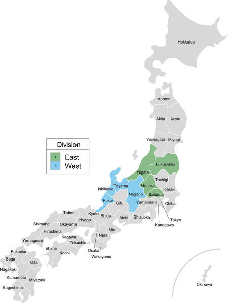 Карта Японии с указанием префектур, принимающих команды из лиги бейсбольных испытаний (теперь известной как Route Inn BCL).