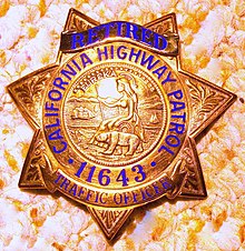 CHP badge; this is for retired officer #11643. Active duty badges are exactly the same, with the "Retired" banner not applied. CHPBadgeByPhilKonstantin.jpg