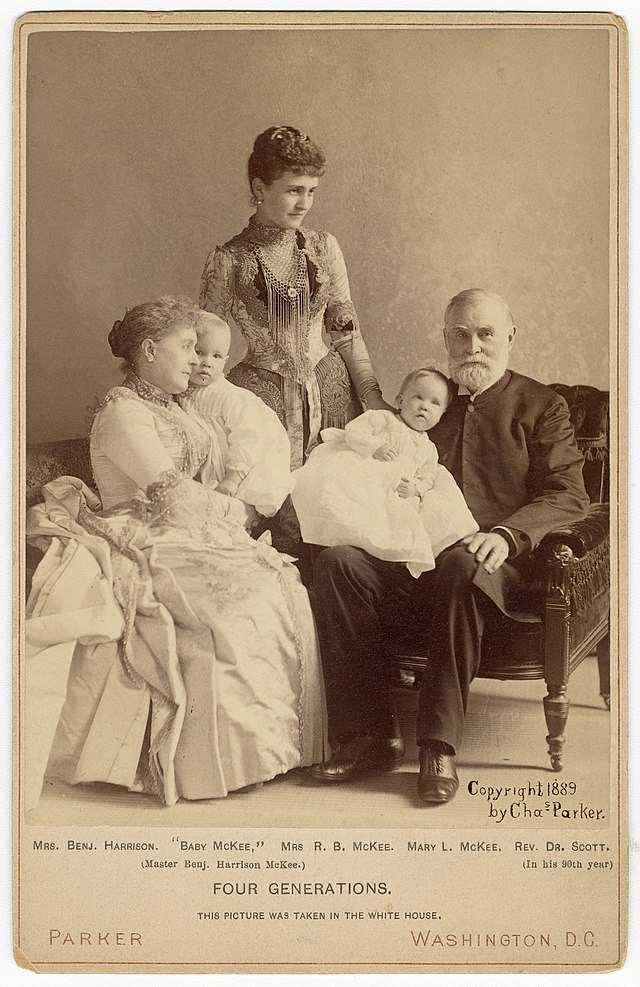 Four Generation Photo of John W. Scott with daughter Caroline Harrison, granddaughter Mary Harrison McKee, and great-grandchildren Benjamin Harrison McKee and Mary Lodge McKee.