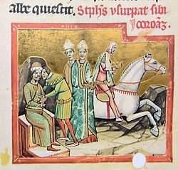 Крал Ласло II краде Светата корона Миниатюра от Илюстрована унгарска хроника