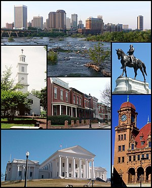 Top: Downtown skyline above the falls of the James River Middle: St. John's Episcopal Church, Jackson Ward, Monument Avenue. Bottom: Virginia State Capitol, Main Street Station
