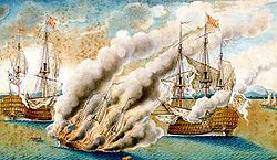 The Franco-Spanish fleet commanded by Don Juan Jose Navarro drove off the British fleet under Thomas Mathews near Toulon in 1744. Combate de Tolon.jpg