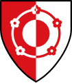 Gemeinde Oy-Mittelberg In von Rot und Silber gespaltenem Schild eine gespaltene Kugel in verwechselten Farben, die von einem mit fünf heraldischen Rosen belegten Kranz in verwechselten Farben umfangen wird.