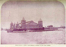 First Ellis Island Immigrant Station, built in 1892 and destroyed 1897 Ellis Island First Bldg Burnt 15-June-1897.jpg