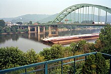 The Fort Henry Bridge carries I-70, US 40, and US 250 across the Ohio River in Wheeling. Fort Henry Bridge looking towards Ohio, in Wheeling, West Virginia - 20040706.jpg