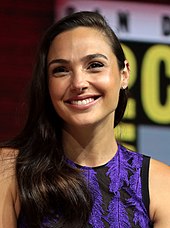 Gal Gadot at the San Diego Comic-Con panel for the film Wonder Woman 1984 in 2018 Gal Gadot at the 2018 Comic-Con International 13 (cropped).jpg