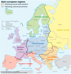 Traditional cultural borders of Europe: usage recommendation by the Standing Committee on Geographical Names, Germany. Grossgliederung Europas-en.svg