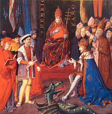 Henry with Charles V, Holy Roman Emperor (right) and Pope Leo X (centre), c. 1520 Henry VIII with Charles Quint and Pope Leon X circa 1520.jpg