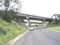 Twin bridges carrying the Hume Highway over Greenhills Road north of Berrima, New South Wales.