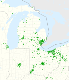 Map of Huntington branches, as of February 2021 (prior to merger with TCF Bank) Huntington National Bank footprint map.png