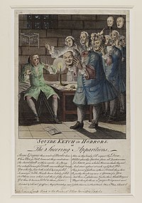 Cartoon; the public executioner visited by his victims, including Towneley and others from the Manchester Regiment Jacobite broadside - Squire Ketch in Horrors or The Sneering Apparitions.jpg