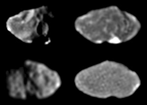 Чёрно-белые снимки с борта «Галилео» (1997). Сверху — ведущая сторона, снизу — ведомая