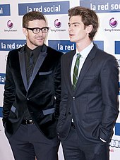 Timberlake (left) with Andrew Garfield (right) at an event for The Social Network in Madrid, October 2010 Justin Timberlake - Andrew Garfield - La red social - Madrid.jpg
