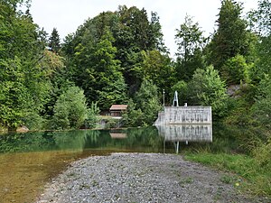 Das Stauwehr mit der gestauten Thur, vor dem Einlaufwerk des Wasserkraftwerk Giessen.