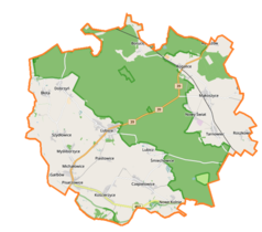 Mapa konturowa gminy Lubsza, blisko centrum na lewo znajduje się punkt z opisem „Sielska Woda”