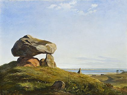 Johan Thomas Lundbye En gravhøj fra oldtiden ved Raklev på Refsnæs (1839, Thorvaldsens Museum). Den store gravhøj dominerer og understreger hele landskabet.