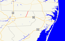 A map of the northern part of the lower Eastern Shore of Maryland showing major roads.  Maryland Route 354 runs from Pittsville north to the Delaware state line.