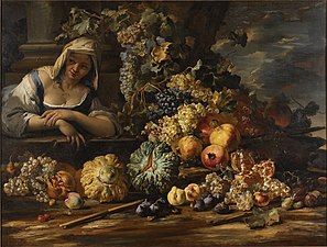Stillleben mit Trauben, Kürbissen, Granatäpfeln und einer jungen Frau, Öl auf Leinwand, 122,2 × 160,7 cm, Rhode Island School of Design Museum