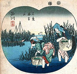 Women gathering nori, print by Hiroshige, 1849