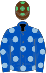 Royal blue, light blue spots, brown cap, emerald green spots