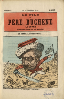 Une du journal Le Fils du père Duchêne illustré du 30 avril : Dombrowski sabre à la main mettant en déroute les Versaillais. Un bon bougre!... nom de dieu!...