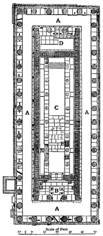 Plan of the Temple of Hera. (A: Peristyle; B: Pronaos; C: Naos; D: Opisthodomos; E: Base of Statue of Hermes). Plan of the Heraeum.png