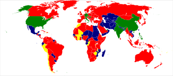 In the Polish language, countries can have masculine (blue), feminine (red) or neuter (yellow) names. Countries with plural non-masculine names are green (there are no country names in Polish with plural masculine personal gender). Polish country name genders.svg