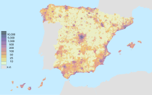 Population density by municipality in Spain, 2018 Population per km2 by municipality in Spain (2018).svg