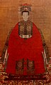 Qing dynasty lady in a red robe and xiapei over shoulders.