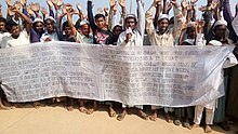 Rohingya refugees in Cox's Bazar, Bangladesh, protesting against what they view as a dangerous repatriation to Myanmar. Rohingyas protesting repatriation (Jafor Islam-VOA).jpg