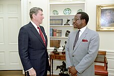 Thomas with President Ronald Reagan in 1986, while serving as chairman of the Equal Employment Opportunity Commission Ronald Reagan and Clarence Thomas in 1986.jpg