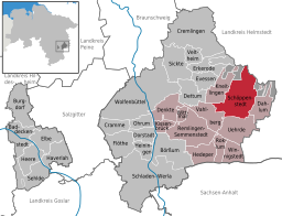 Läget för staden Schöppenstedt i Landkreis Wolfenbüttel