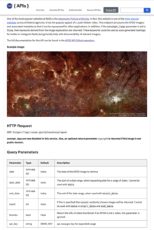 Screenshot of web API documentation written by NASA demonstrating the use of APOD. Screenshot of NASA API documentation.png