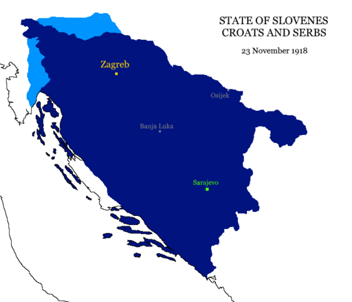 The State of Slovenes, Croats and Serbs in 1918. Istria was a disputed area, officially ceded to Italy by a Treaty of Rapallo. Southern Carinthia and Lower Styria were also disputed areas, with the Treaty of Saint-Germain demarcating the border of the newly-created Kingdom of Serbs, Croats and Slovenes with Austria.