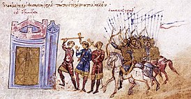 Нападение византийцев на Самосату в 859 году. Миниатюра из Мадридского Скилицы. XII век.