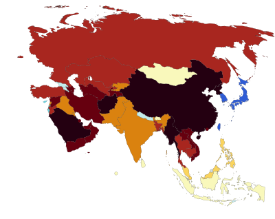 Map of 2023 V-Dem Electoral Democracy Index for Asia
.mw-parser-output .col-begin{border-collapse:collapse;padding:0;color:inherit;width:100%;border:0;margin:0}.mw-parser-output .col-begin-small{font-size:90%}.mw-parser-output .col-break{vertical-align:top;text-align:left}.mw-parser-output .col-break-2{width:50%}.mw-parser-output .col-break-3{width:33.3%}.mw-parser-output .col-break-4{width:25%}.mw-parser-output .col-break-5{width:20%}@media(max-width:720px){.mw-parser-output .col-begin,.mw-parser-output .col-begin>tbody,.mw-parser-output .col-begin>tbody>tr,.mw-parser-output .col-begin>tbody>tr>td{display:block!important;width:100%!important}.mw-parser-output .col-break{padding-left:0!important}}
.mw-parser-output .legend{page-break-inside:avoid;break-inside:avoid-column}.mw-parser-output .legend-color{display:inline-block;min-width:1.25em;height:1.25em;line-height:1.25;margin:1px 0;text-align:center;border:1px solid black;background-color:transparent;color:black}.mw-parser-output .legend-text{}
0.900-1.000
0.800-0.899
0.700-0.799
0.600-0.699
0.500-0.599
0.400-0.499
0.300-0.399
0.200-0.299
0.100-0.199
0.000-0.099
No data V-Dem Democracy Indices 2023 Asia.svg